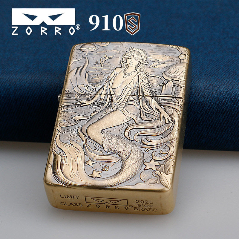 zorro佐罗正品砂轮煤油打火机铜壳二代加厚910S复刻1941美人鱼图