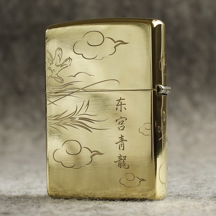 zippo煤油打火机官正品美国芝宝黄铜金色四面环绕蚀刻 东宫青龙图