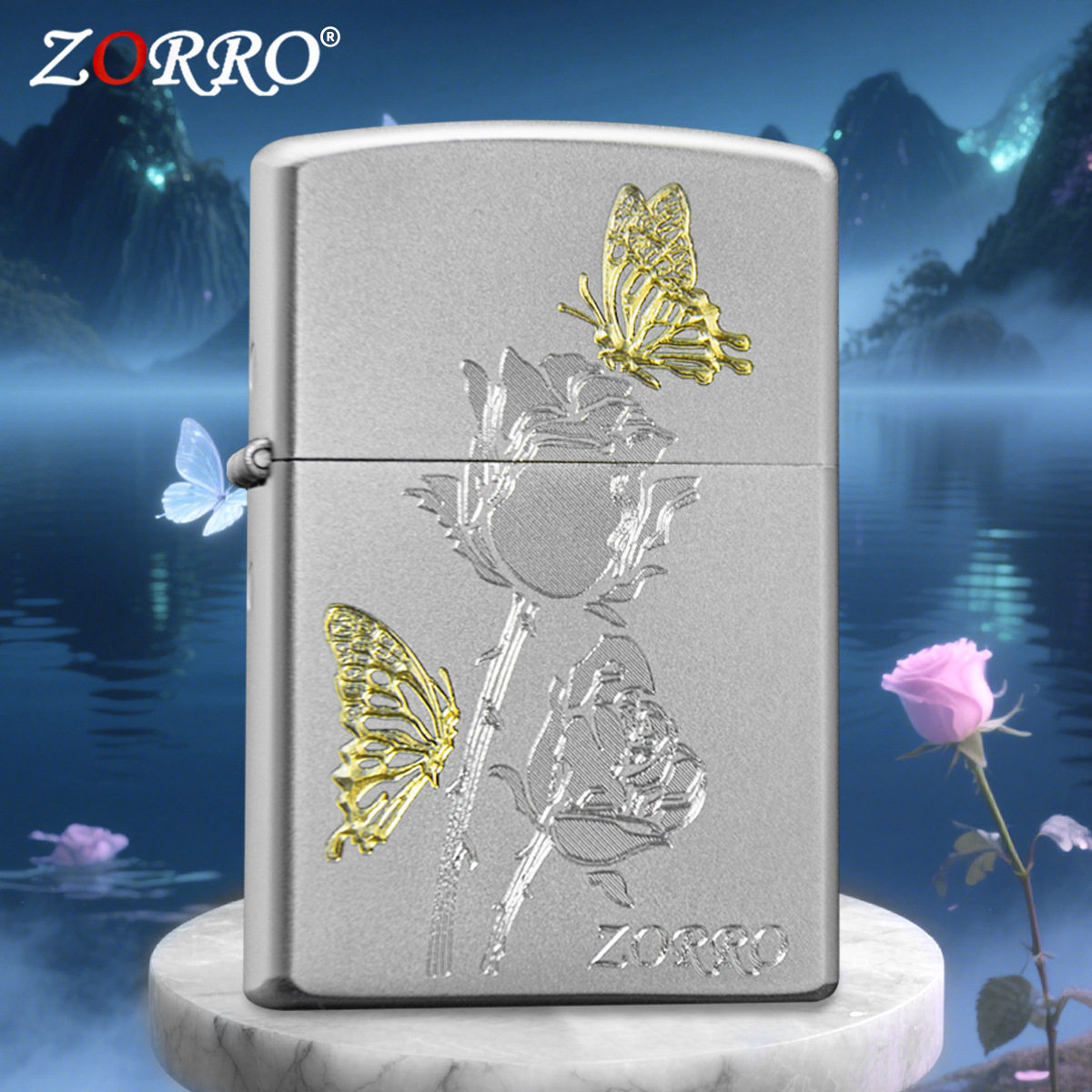 zorro佐罗正品砂轮煤油打火机铜壳子银色砂铬金色蝴蝶恋花玫瑰标