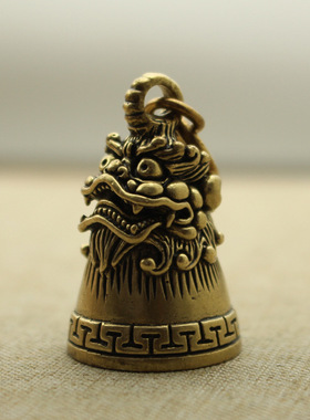 纯黄铜复古法手工匠作旧典藏国风艺术摆件瑞兽貔貅铃铛钥匙扣吊坠