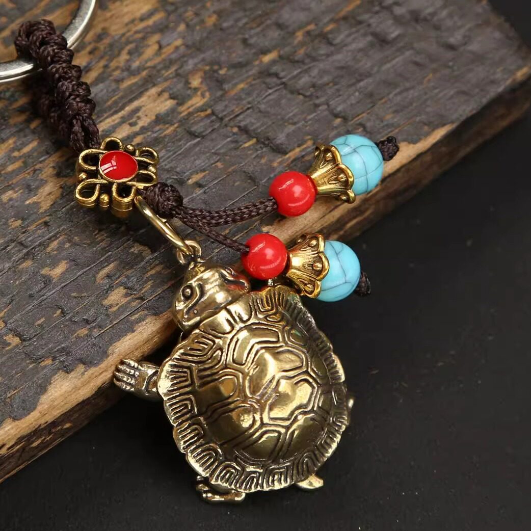 纯黄铜复古法手工匠作旧典藏艺术金钱龟汽车钥匙扣挂件吊五帝钱礼