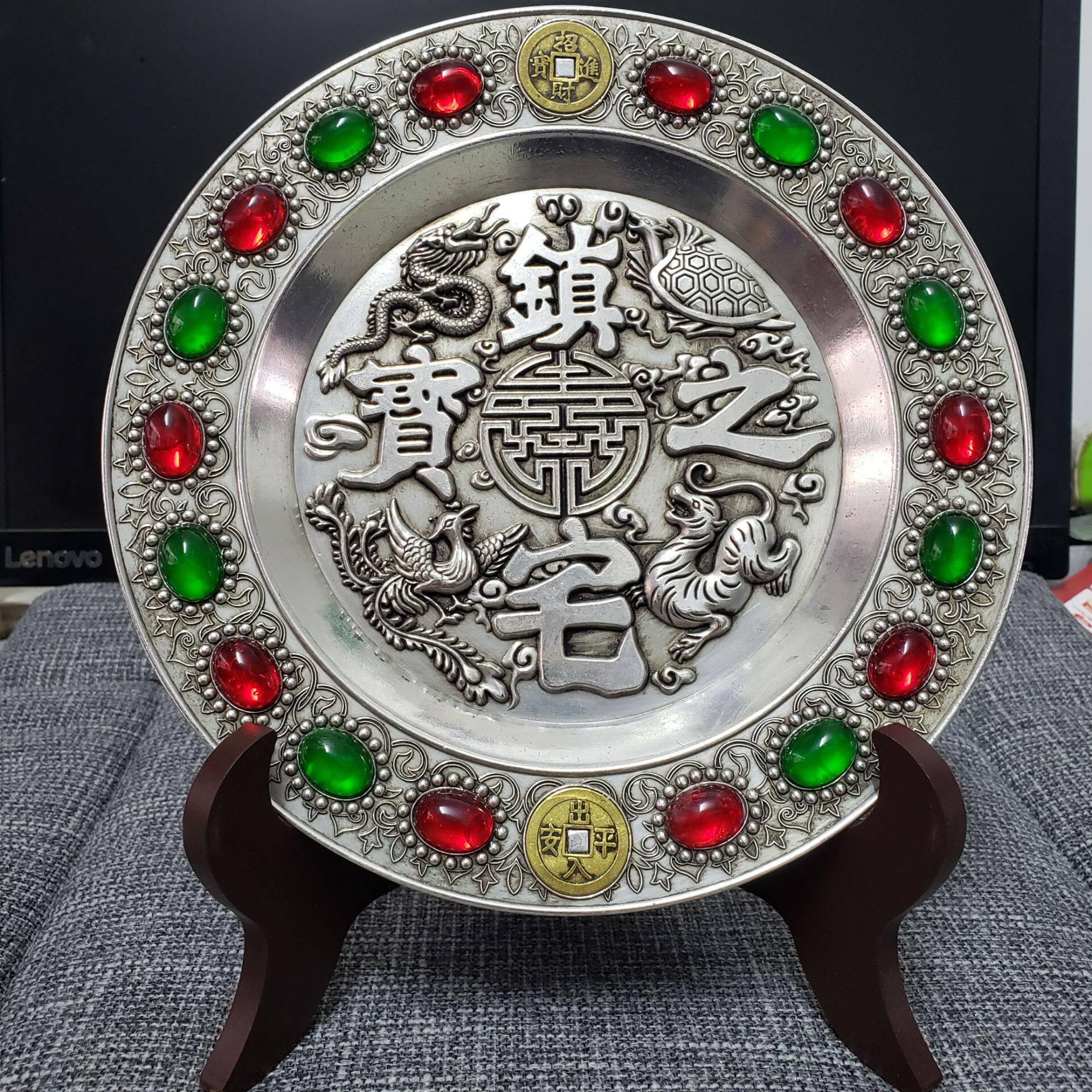 纯手工匠复古法作旧合金复刻道具仿古工艺品锌合金镀银八宝彩盘子