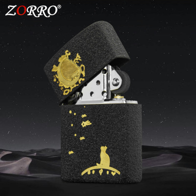 zorro佐罗正品砂轮煤油打火机铜壳皱纹黑色磨砂刻仰望星空月亮猫