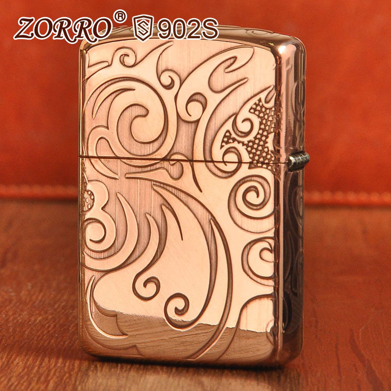 zorro佐罗正品砂轮煤油打火机铜壳紫铜加厚S盔甲刻国风淬火图腾礼