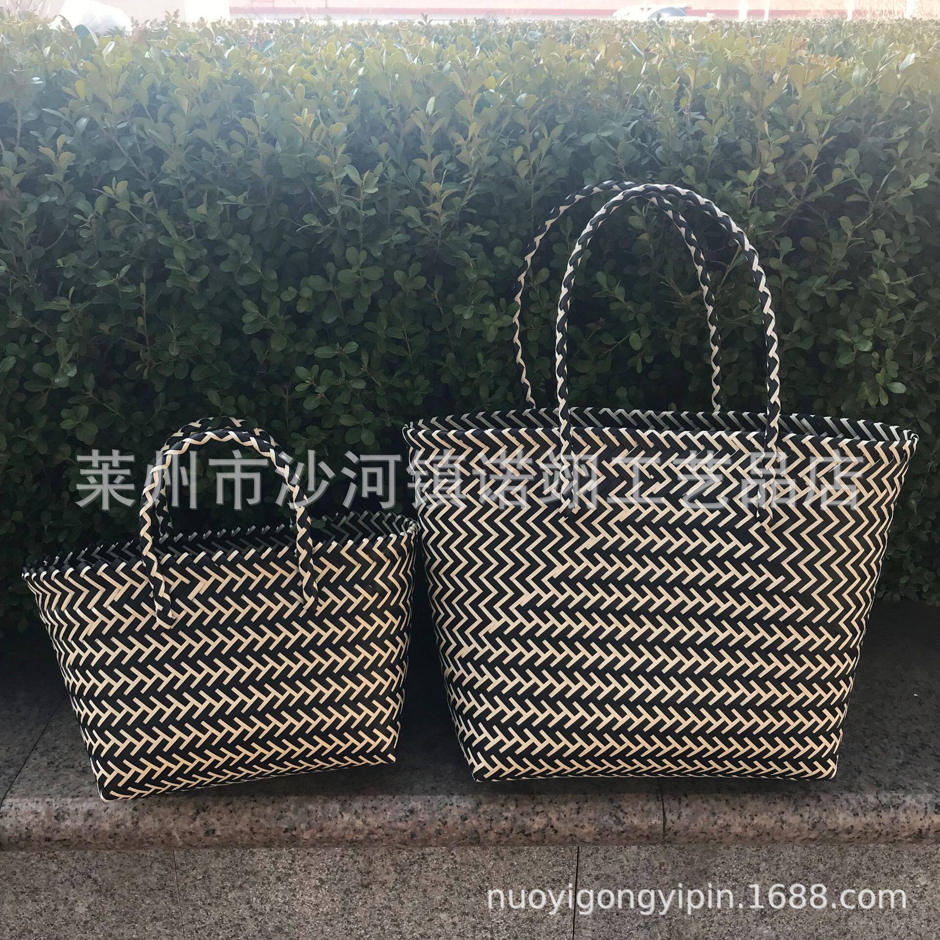 时尚条纹塑料手编菜篮子购物包
