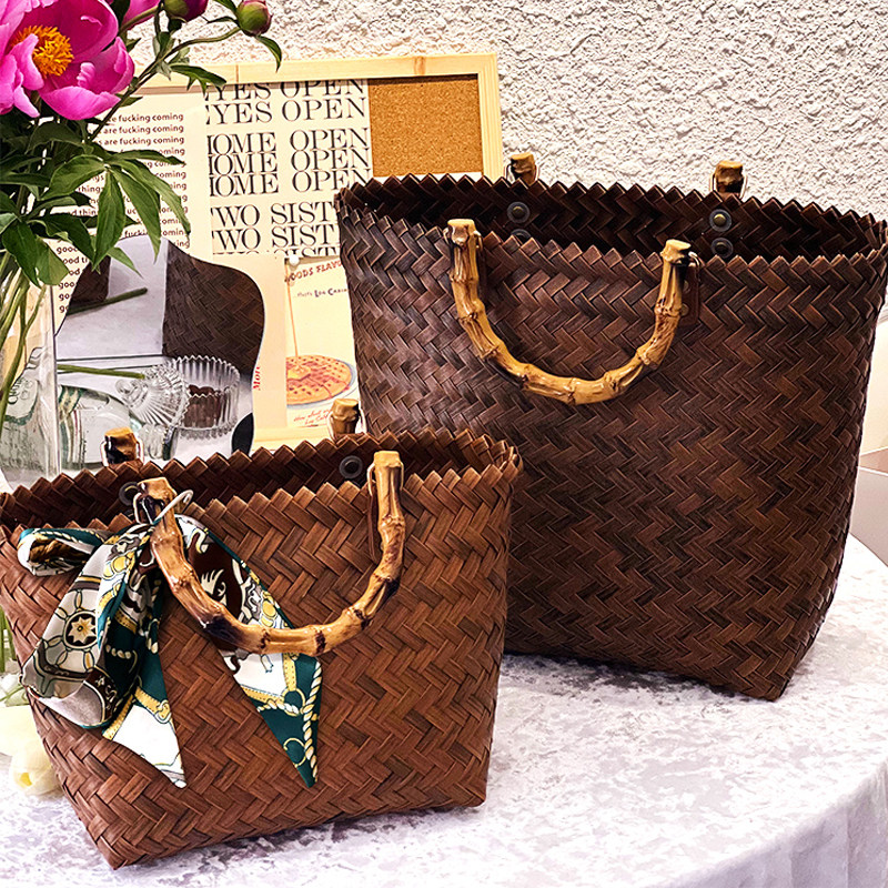 藤编手提包草编包包女夏复古袋手工编织包竹节百搭菜篮子购物提菜