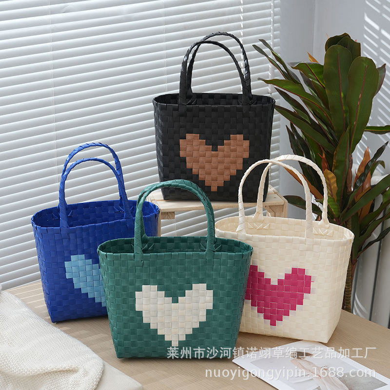撞色爱心菜篮子手工编织大容量