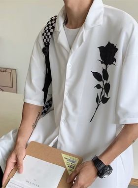 Rampage夏季潮牌玫瑰设计感小众短袖衬衫男女宽松垂感情侣衬衣潮