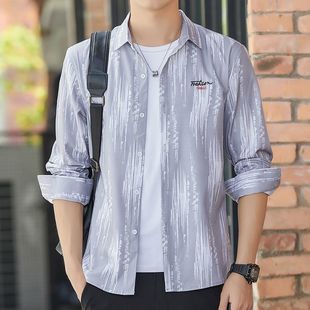 新款冰丝衬衫男长袖条纹薄款青年简约衬衣高档痞帅垂感上衣外套