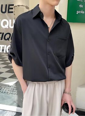 夏季薄款七分袖衬衫男2023新款冰丝垂坠感黑色衬衫韩版痞帅衬衣男