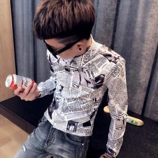 秋装夜店长袖衬衫男小码S号韩版修身报纸印花衬衣网红潮流打底衫