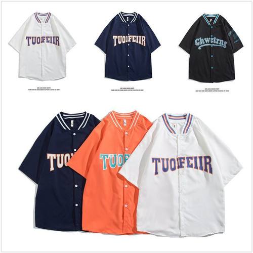 夏季港风宽松字母印花短袖衬衫男美式潮流棒球服圆领情侣衬衣外套
