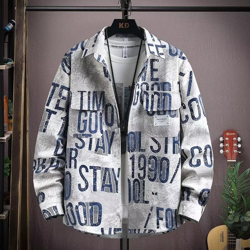 设计长袖衬衫休闲男潮牌春秋季个性印花春秋衣服百搭帅气上衣外套