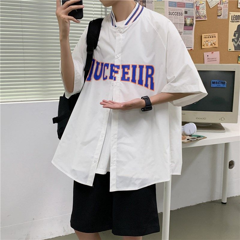 夏季薄款高街潮牌棒球领短袖衬衫男个性字母宽松ins嘻哈半袖衬衣