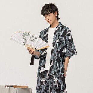 kimono道袍男中国风夏季薄款浮世绘仙鹤和服开衫防晒七分袖衬衫