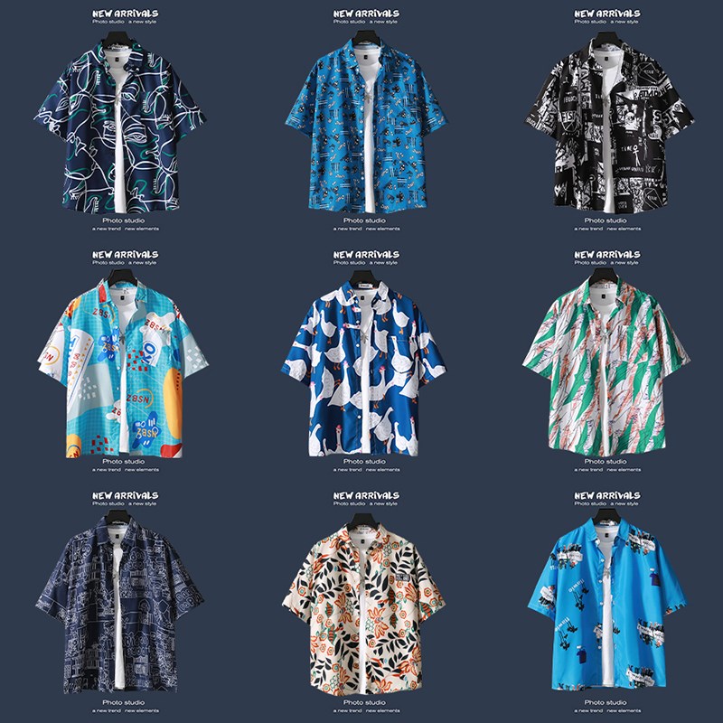 短袖衬衫ins复古宽松印花夏威夷