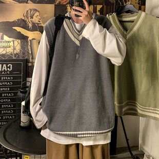 背心毛衣男款V领无袖针织衫马甲外套男春秋薄款宽松帅气毛线衣服