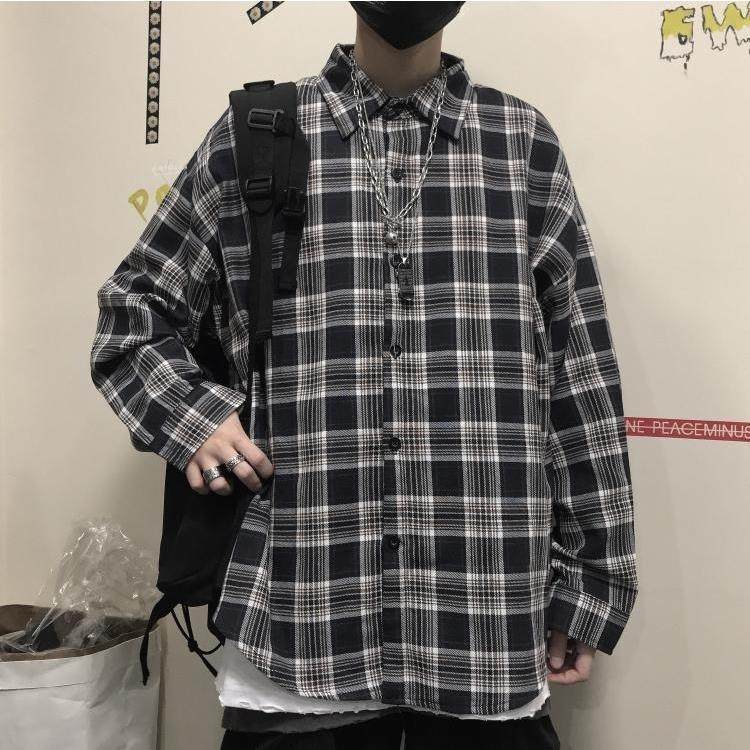 秋装韩版12ins原宿风复古格子长袖衬衫宽松休闲衬衣外套男女外套