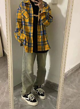 美式复古黄色格子衬衫男女潮牌小众宽松oversize长袖衬衣防晒外套