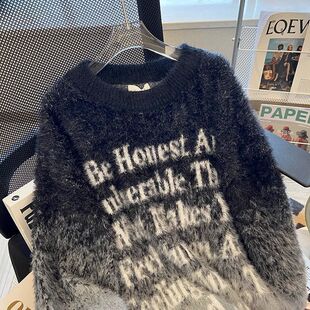 秋冬季渐变字母貂绒软糯毛衣男女宽松美式潮流慵懒风针织衫外套潮