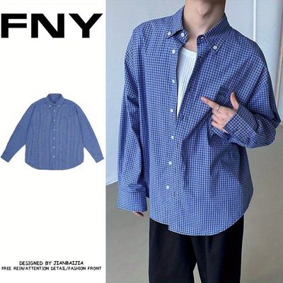 美式复古慵懒宽松蓝色格子长袖衬衫男2024新款百搭休闲刺绣衬衣潮