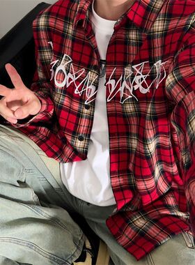 美式复古刺绣红色格子衬衫男女ins宽松慵懒风长袖衬衣vinta12外套