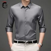 冰丝长袖 修身 衬衫 秋季 男士 商务正装 正装 抗皱免烫丝绸顺滑料衬衣男