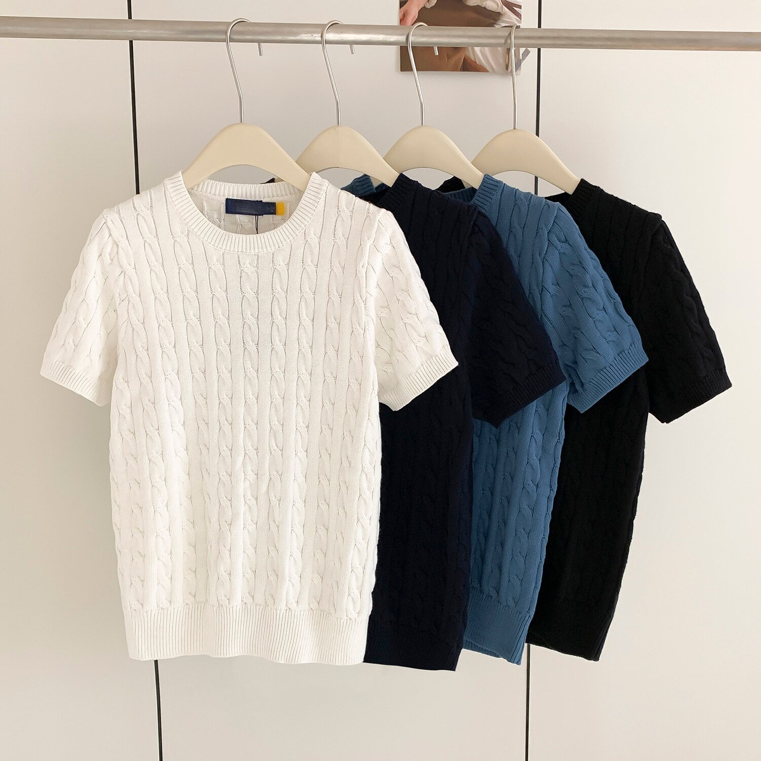 妞妞家春夏新品男女同款老钱风麻花纯棉圆领短袖百搭针织短袖8603