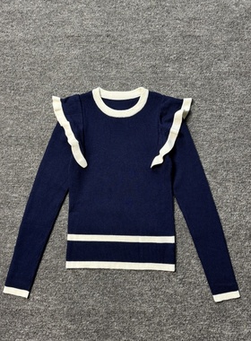 妞妞家春季新品女士圆领小香风荷叶边圆领长袖套头针织衫86256