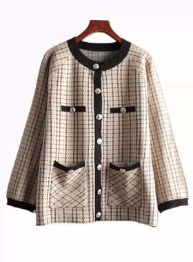 妞妞外单秋季新品女士小香风拼色圆领长袖针织开衫外套2746