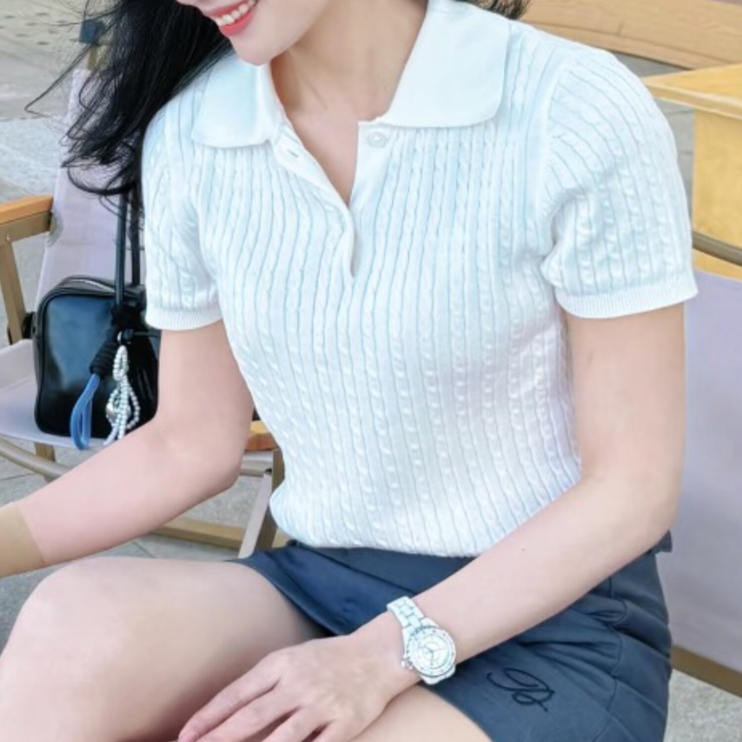 妞妞家春夏复古麻花Polo领针织短袖女棉透气显瘦休闲老钱风6017