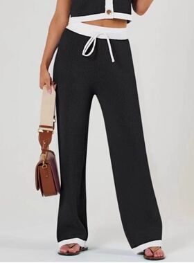 妞妞家秋冬款女士棉质小香风拼色简约舒适毛织阔腿裤6965