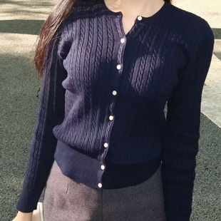 纯棉百搭针织开衫 女士简约复古麻花圆领长袖 6010 新品 妞妞家秋季