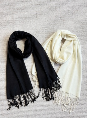 妞妞家秋冬款女士TH薄款羊毛宽版长款流苏纯色百搭围巾披肩8650