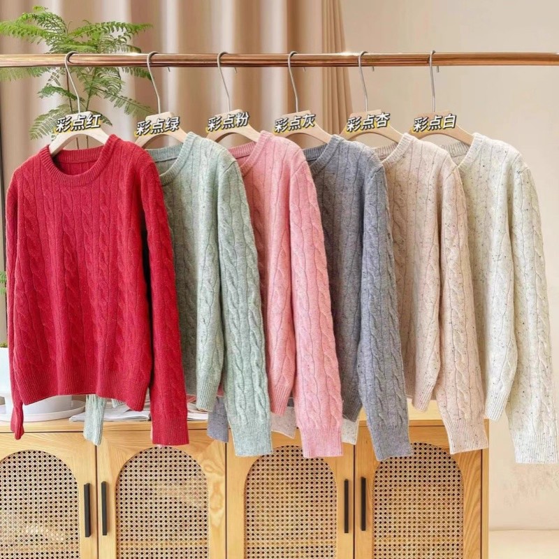 妞妞家秋冬款女士麻花圆领彩点纱羊绒羊毛长袖套头毛衣207