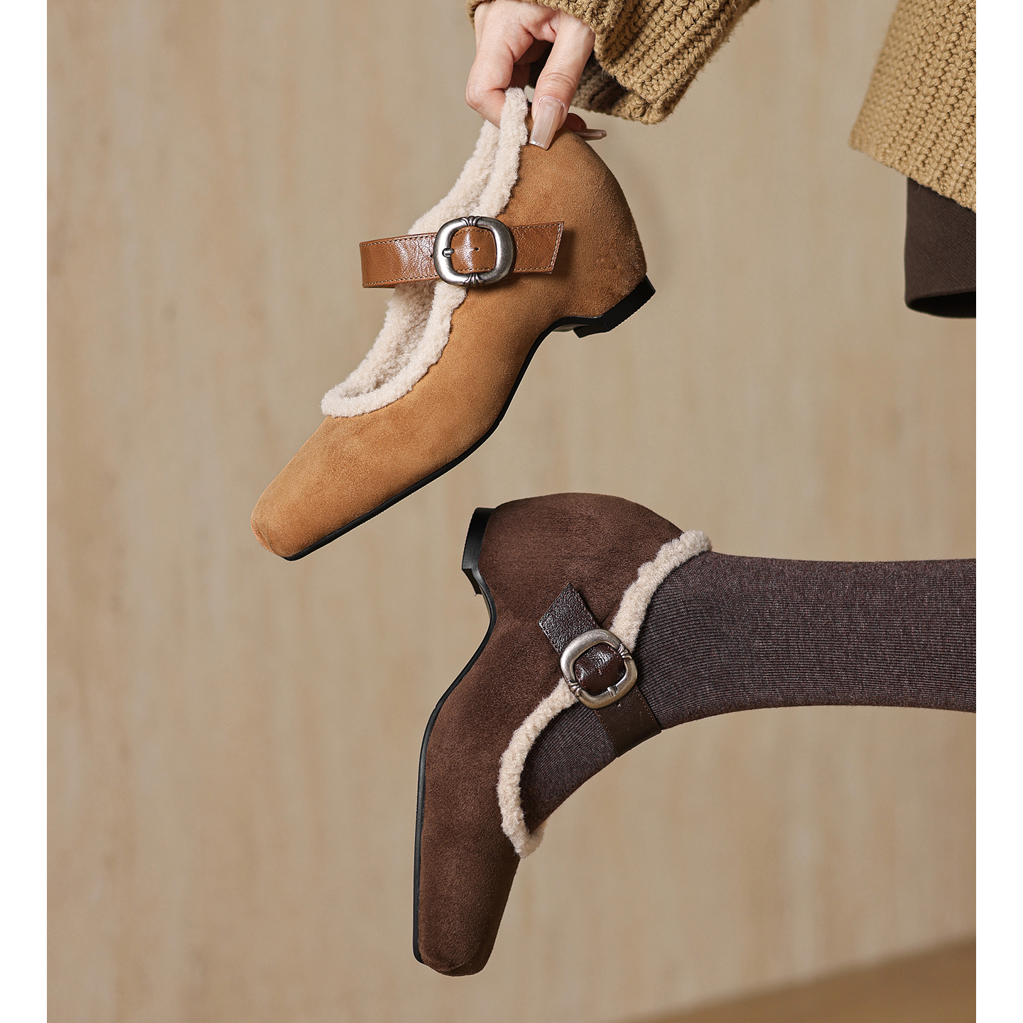 法式优雅焦糖色高跟玛丽珍毛毛鞋