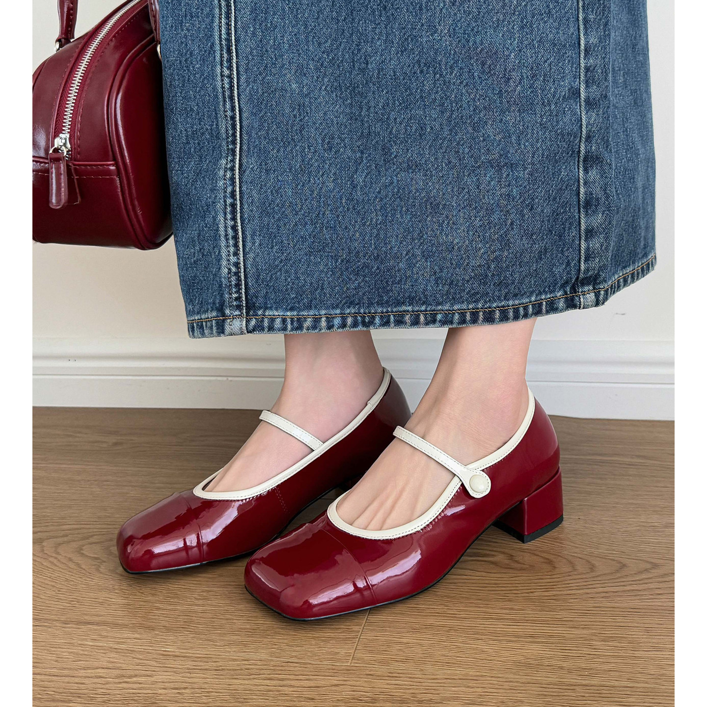 简约配长裙百搭漆皮小皮鞋方头浅口单鞋杏色一字扣中跟粗跟女鞋子,女鞋,棉鞋,淘宝优惠券,粉丝福利购,淘宝优惠卷