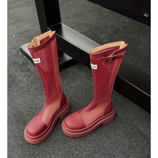 红色大桶围慵懒风红色网网靴真皮百搭高筒凉靴厚底渔网透气骑士靴