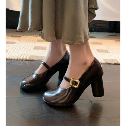 锦小辰法式赫本~7cm高跟玛丽珍单鞋女浅口开边珠牛皮宴会小皮鞋潮
