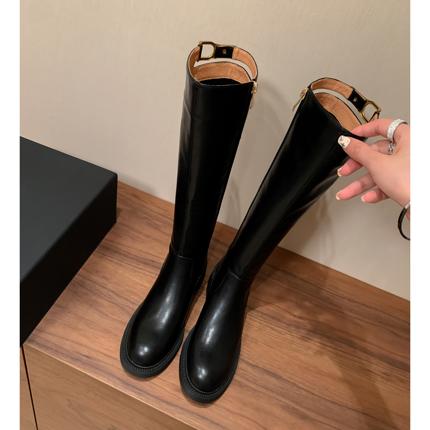 牛皮3cm跟高筒骑士靴女西部靴子