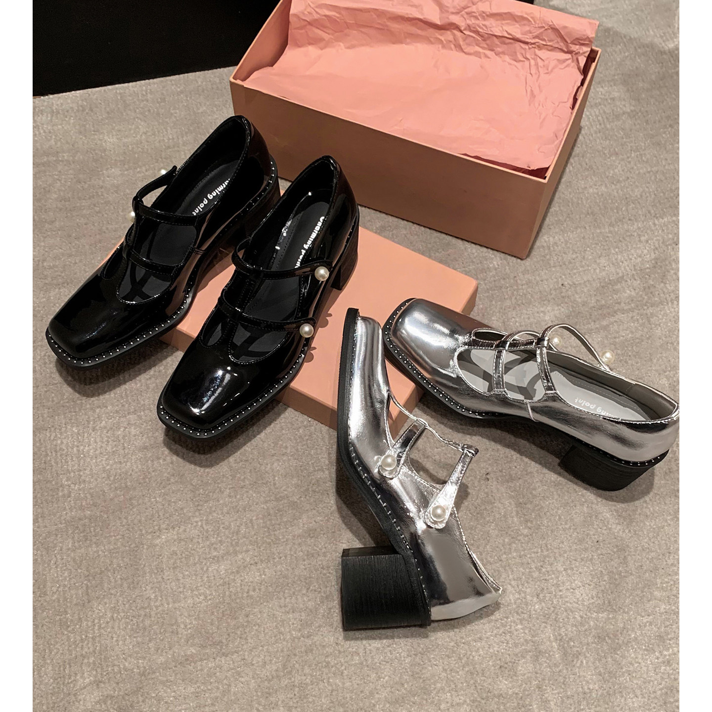 牛皮~2026春夏新款高跟鞋女粗跟丁字扣玛丽珍鞋银色工作鞋40-42码