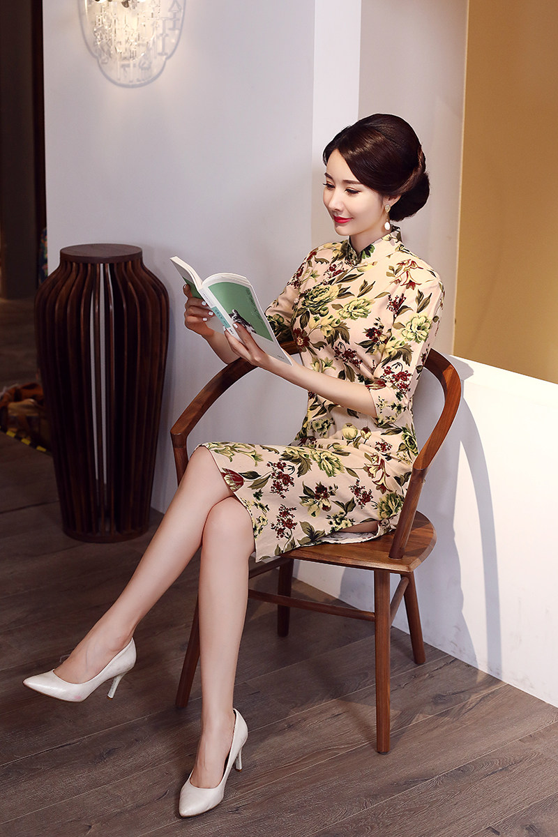 秋季新款亚麻旗袍复古中长款改良版旗袍裙民国气质七分袖连衣裙