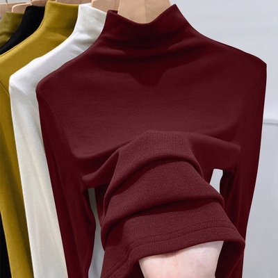 螺纹半高领针织打底衫女新款春秋冬时尚长袖t恤修身德绒内搭上衣