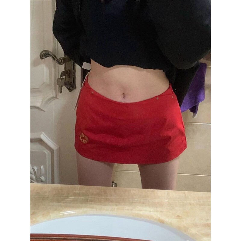 春夏季辣妹纯欲红色mini包臀裙半身裙裤屁帘刺绣性感A字裙超短裙图片