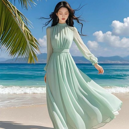 浅绿色连衣裙女夏2025新款长袖气质收腰海边度假长裙沙滩裙大摆裙