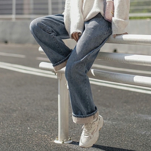 冬季加绒加厚牛仔裤女学生宽松阔腿高腰显瘦百搭ins原宿风直筒裤
