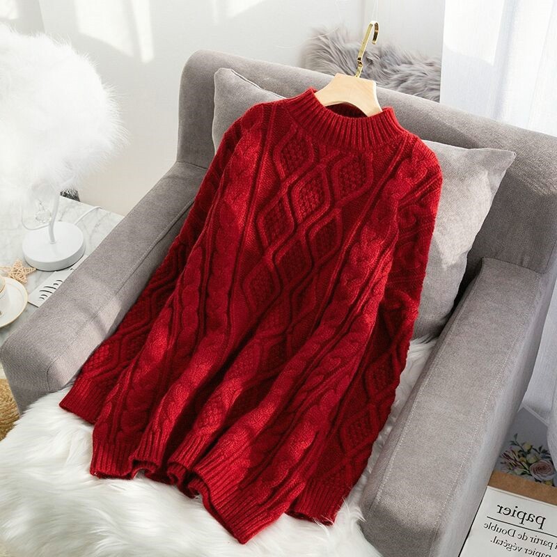 毛衣女宽松慵懒风网红红色麻花套头中长款秋冬季外穿加厚针织衫裙