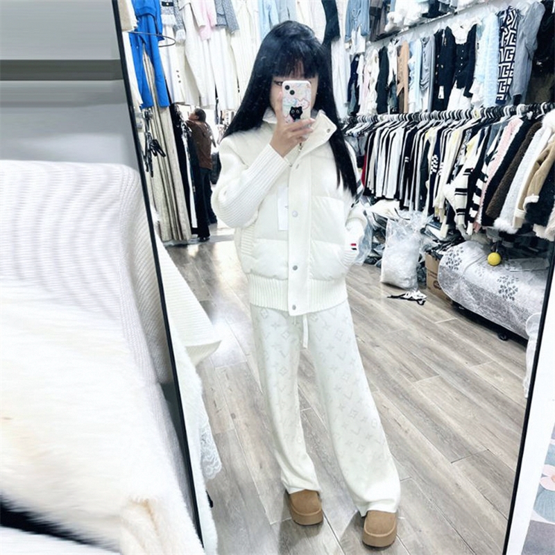 快手网红同款冬季拼接针织棉服立领外套+休闲宽松字母阔腿裤套装