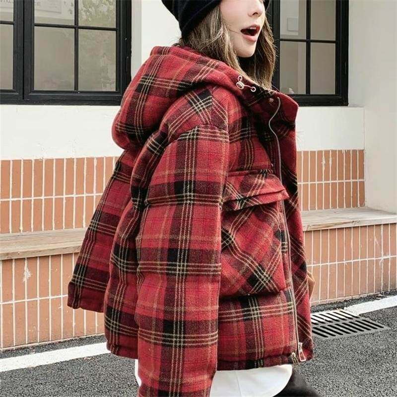 圣诞新年红色格子羽绒棉服女款短款冬季2025新款设计感外套小个子