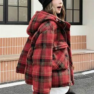 圣诞新年红色格子羽绒棉服女款短款冬季2025新款设计感外套小个子